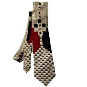 PIERRE PACHA ITALY Men's Necktie Beige Black Red Silk Print 58"x3.75" Vintage